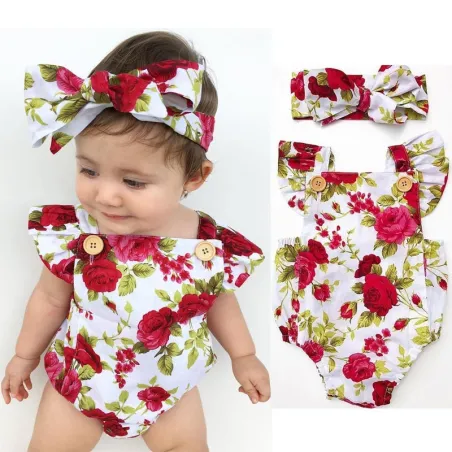 Macacão e tiara floral para bebé menina - conjunto de algodão - 2 peças
