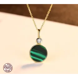 Collier plaqué or - avec pendentif rond en malachite verte - argent sterling 925