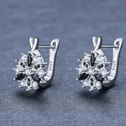 Boucles d'oreilles élégantes en argent - avec fleur en cristal blanc/noir