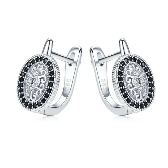 Boucles d'oreilles rondes élégantes en argent - cristaux blancs/noirs