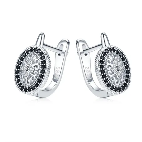 Eleganckie okrągłe srebrne kolczyki - białe / czarne kryształkiKolczyki