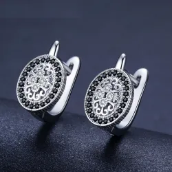 Elegant round silver earrings - white / black crystalsEarrings