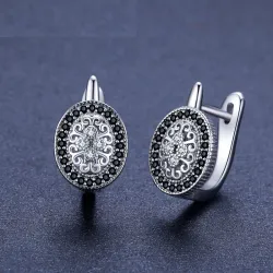Elegant round silver earrings - white / black crystalsEarrings