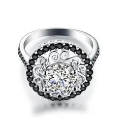 Elegant sølvring - uthult blomst - hvite / svarte krystaller