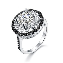 Elegant sølvring - uthult blomst - hvite / svarte krystaller