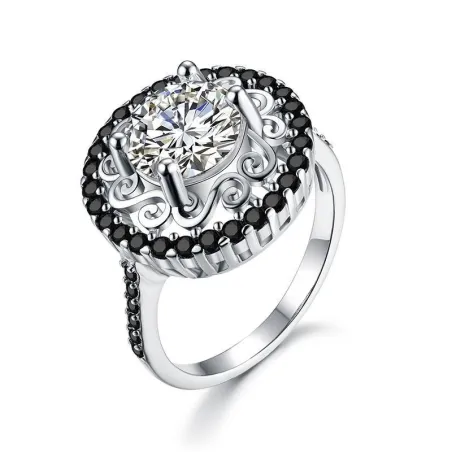 Bague élégante en argent - fleur évidée - cristaux blancs/noirs