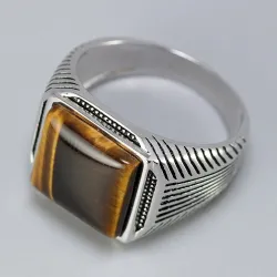 Ring i 925 sterling sølv - signet med tigerøyestein