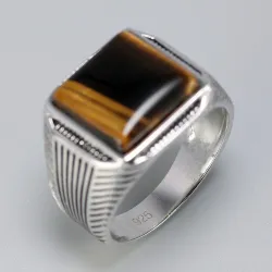 Ring i 925 sterling sølv - signet med tigerøyestein