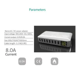 40W - Smart oplader - multiport - 8 USB - 5V 8A - LED