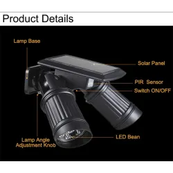 Iluminación solarLámpara solar LED - Sensor de movimiento PIR - Foco de doble cabezal - Aplique impermeable