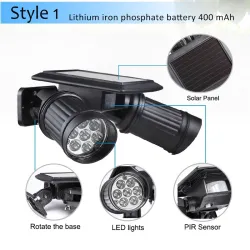 Lâmpada solar LED - Sensor de movimento PIR - Refletor de cabeça dupla - Aplique à prova d'água
