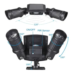 Lampa solarna LED - czujnik ruchu PIR - reflektor z podwójną głowicą - wodoodporny kinkietOświetlenia słonecznego