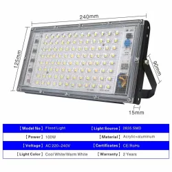 100W - AC 220V 230V 240V - Projecteur LED - Etanche IP65 - réflecteur extérieur