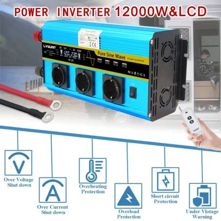 DC 12V a AC 220V 230V - 12000W - inverter solare sinusoidale - display LCD della tensione - telecomando wireless