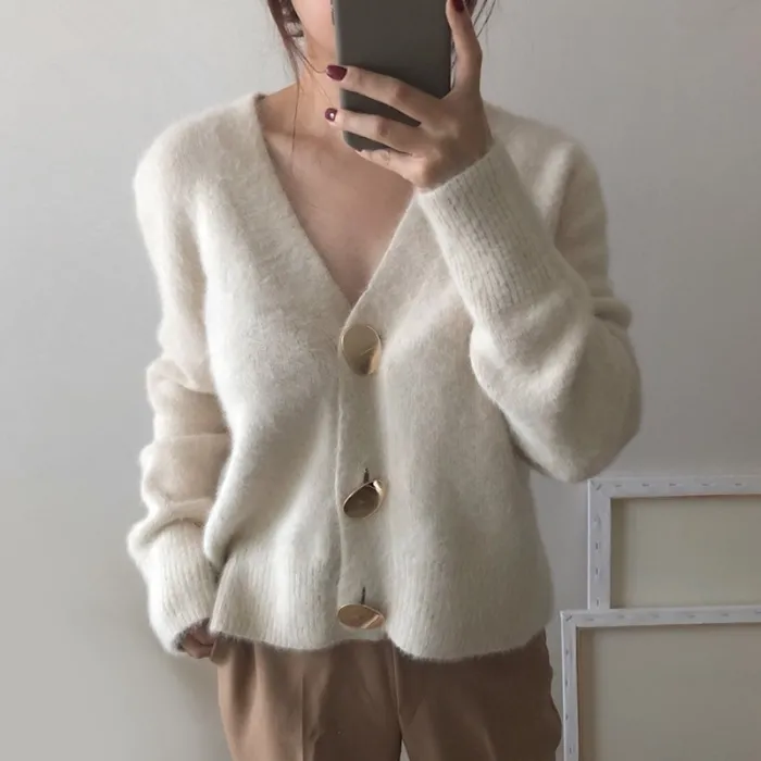 Cardigan doux à la mode - pull court ample - avec boutons - vison cachemire
