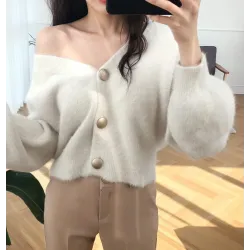 Cardigan doux à la mode - pull court ample - avec boutons - vison cachemire