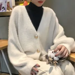 Cardigan doux à la mode - pull court ample - avec boutons - vison cachemire