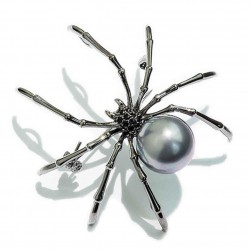 Svart edderkopp med perle - elegant brosje