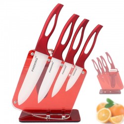 Keramiske kjøkkenkniver sett - med holder - røde håndtak
