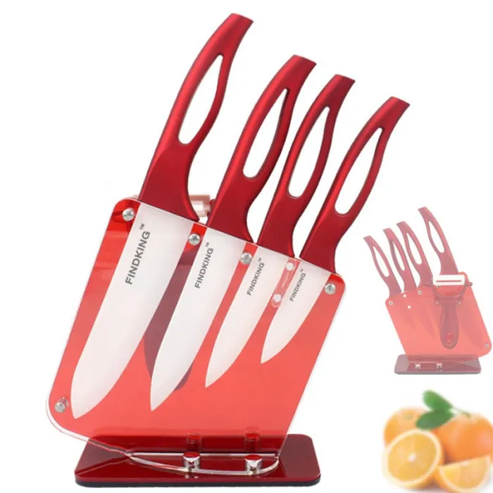Ceramic kitchen knives set - with holder - red handlesCeramic