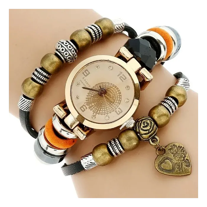 Pulseira de couro multicamadas com relógio