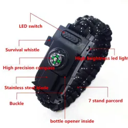 Pulseira multifuncional de sobrevivência com fivela de plástico e luz LED