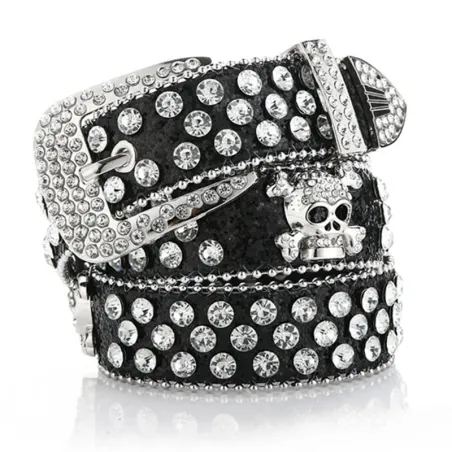 Cinto feminino com caveira e diamantes - estilo punk - 115cm - 45 polegadas