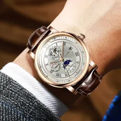 Relógio de pulso masculino de luxo com pulseira de couro - empresarial - casual - à prova d'água - automático