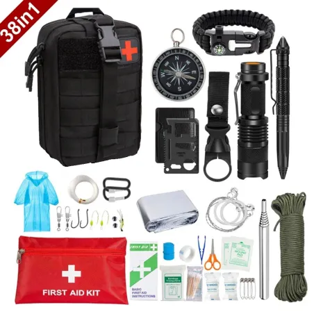 Trousse de premiers secours de survie 38 en 1 - ensemble militaire complet - kit d'urgence pour équipement de plein air