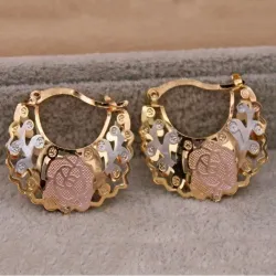 1 Pair Trendy Rose Pattern Gold Plated Hollow Out Hoop Earrings for WomenEarrings