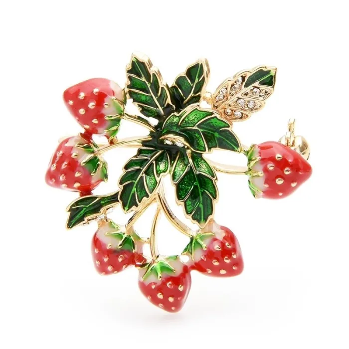 Elegant crystal strawberry brooch with leavesBrooches