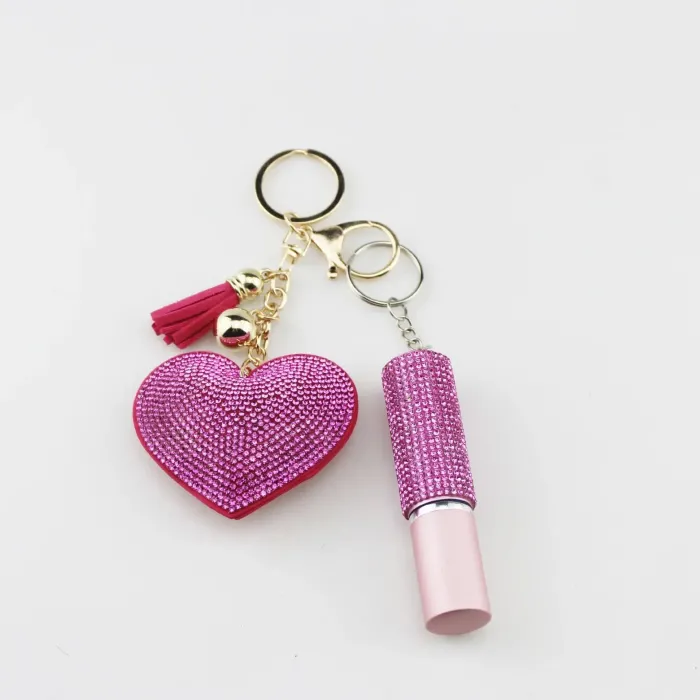 Portachiavi a forma di cuore con diamanti - con cordino alla moda e mini flacone di profumo