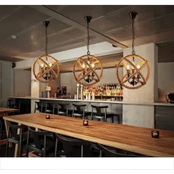 Lámparas colgantes retro de cuerda de cáñamo con forma de bola, candelabros metálicos vintage, iluminación de techo con cadena a
