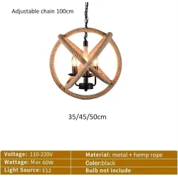 Lustres pendentes retrô em corda de cânhamo, estilo vintage, com corrente ajustável, ideais para decoração de sala de estar, 35/