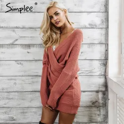 Simplee Sexy V neck cross knitting sweater dress Women elegant long sleeve pullover female winter drHoodies & Truien