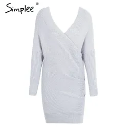 Simplee Sexy V neck cross knitting sweater dress Women elegant long sleeve pullover female winter drHoodies & Truien