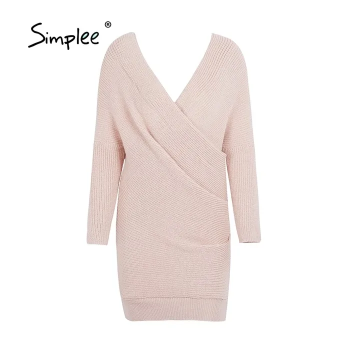 Simplee Sexy V neck cross knitting sweater dress Women elegant long sleeve pullover female winter drHoodies & Truien