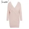 Simplee Sexy V neck cross knitting sweater dress Women elegant long sleeve pullover female winter drHoodies & Truien