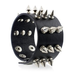 Punk Gothic Rock Three Row Metal Cone Stud Spikes Rivet Leather Wristband Bangle Wide Cuff Bracelet