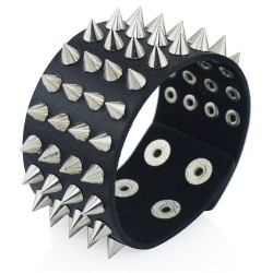 Unique Four Row Cuspidal Spikes Rivet Stud Wide Cuff Leather Punk Gothic Rock Unisex Bangle Bracelet