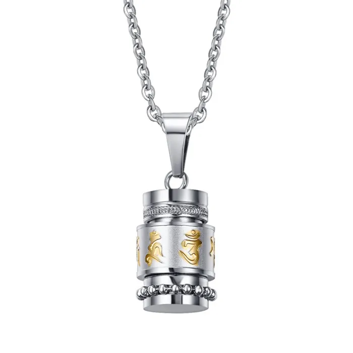 Rotatable mantra pendant with stainless steel necklace