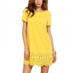 Żółta Dziurkowana Mini Sukienka Z Krótkim RękawemSukienki