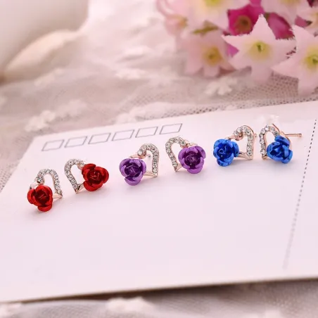 Coração e rosa flor - brincos de cristal stud