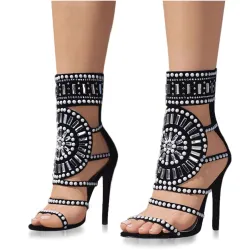 Sexy high heel sandals - with pearls / studs - ankle length / back zipper