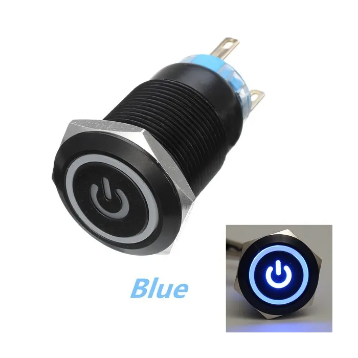 12V 5-pin 19mm bouton poussoir métallique - interrupteur d'alimentation instantané avec LED - interrupteur étanche - Noir