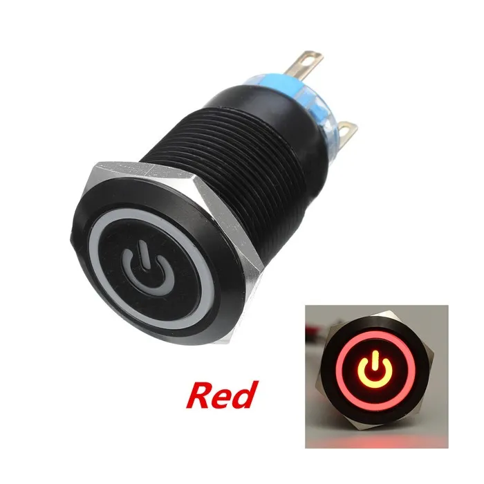 12V 5pin 19mm pulsante in metallo - interruttore di accensione momentaneo con LED - interruttore impermeabile - Nero