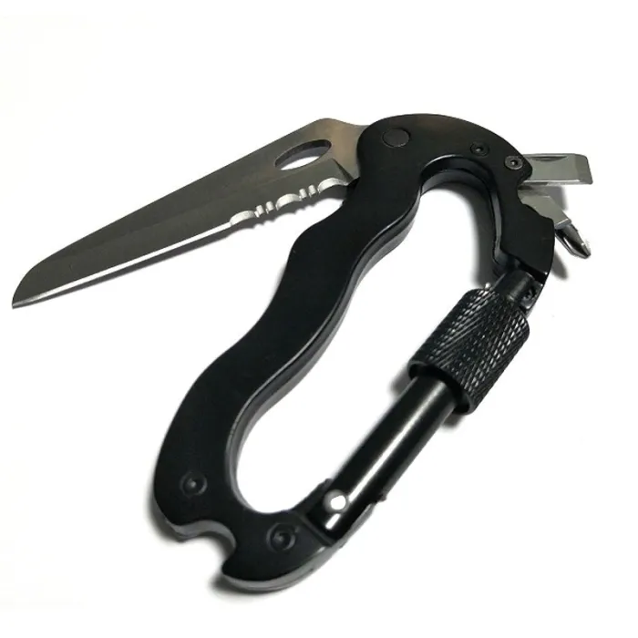 5 in 1 multifunctional tool with knife screwdriver aluminum climbing carabiner hook