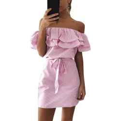 Off shoulders strapless striped ruffles mini dressDresses
