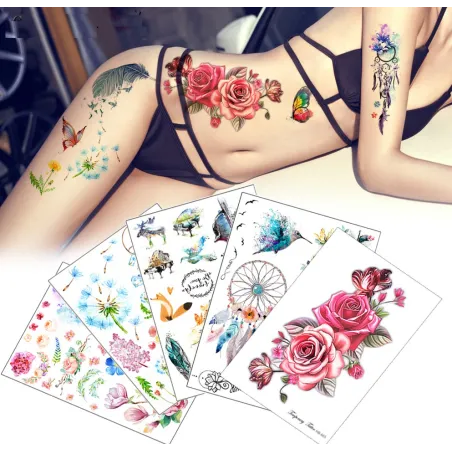 Flor & pássaro adesivo de tatuagem falso temporário