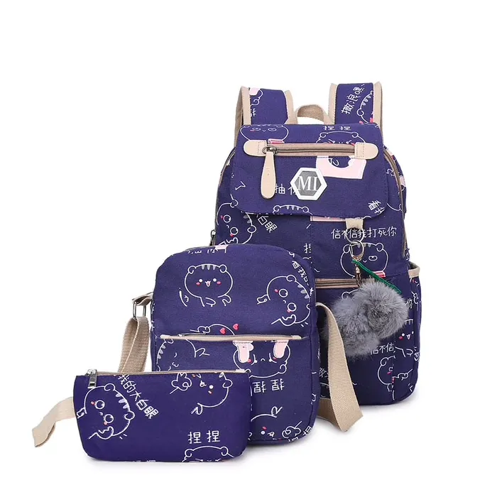 USB école de chargement backpack toile 3 pcs set